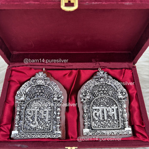 999 pure silver Shubh Laabh set in velvet box, auspicious home décor for prosperity and positivity, perfect for Diwali, weddings, and housewarmings.