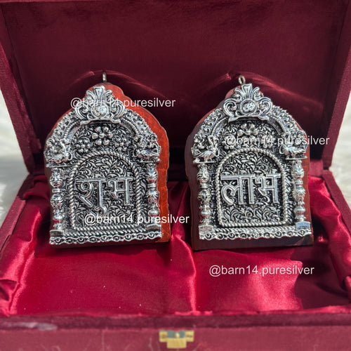 999 pure silver Shubh Laabh set in velvet box, auspicious home décor for prosperity and positivity, perfect for Diwali, weddings, and housewarmings.