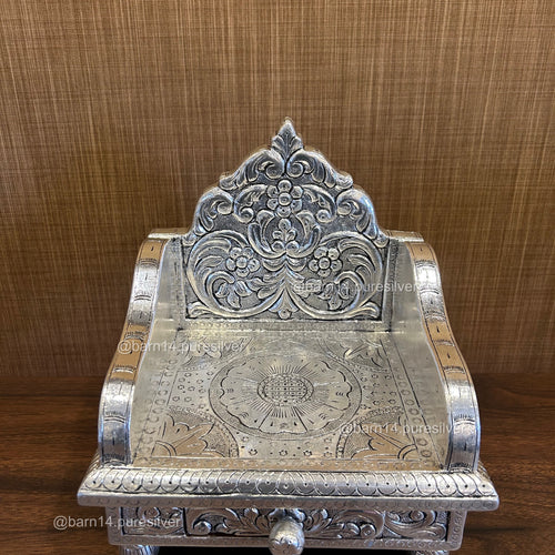 Handcrafted 999 pure silver singhasan, for Ganesh, Krishna, Lakshmi idols, auspicious handcrafted pooja accessory.