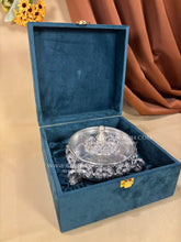 999 pure silver dry fruit box with elegant swan-shaped legs, symbol of purity and prosperity, ideal for Diwali, weddings, and auspicious gifting.