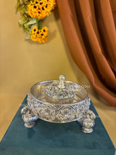 999 pure silver dry fruit box with elegant swan-shaped legs, symbol of purity and prosperity, ideal for Diwali, weddings, and auspicious gifting.