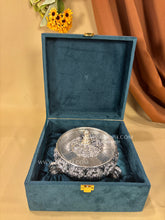 999 pure silver dry fruit box with elegant swan-shaped legs, symbol of purity and prosperity, ideal for Diwali, weddings, and auspicious gifting.