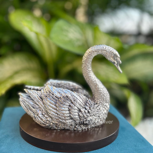 999 pure silver swan figurine on polished wooden base, handcrafted premium décor and gifting piece for weddings, anniversaries, and housewarmings