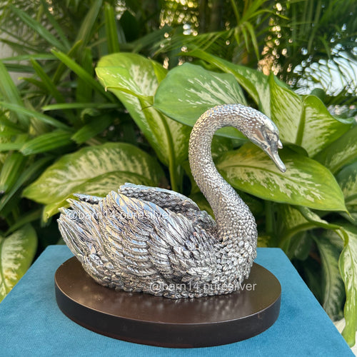 999 pure silver swan figurine on polished wooden base, handcrafted premium décor and gifting piece for weddings, anniversaries, and housewarmings