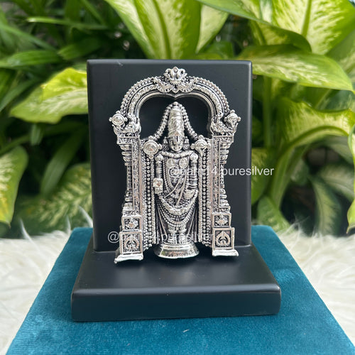 999 pure silver Tirupati Balaji idol on stand, handcrafted devotional gift symbolizing prosperity and divine blessings, ideal for weddings and housewarmings.