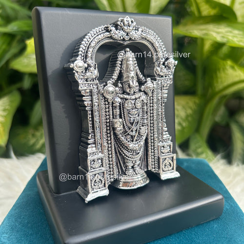 999 pure silver Tirupati Balaji idol on stand, handcrafted devotional gift symbolizing prosperity and divine blessings, ideal for weddings and housewarmings.
