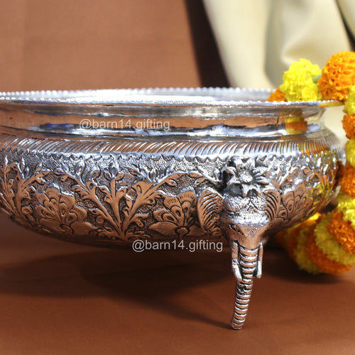 Decorative silver urli with elephant design – luxury housewarming, Diwali, and wedding gift symbolizing prosperity.