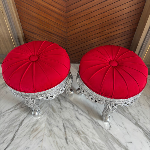 Traditional round muddha seat with engraved silver design – luxury ottoman for Indian weddings, pooja room seating, and gifting.
