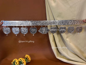 Silver-polished Sarwamangal Bandhanwar with Shubh Laabh, Om, Swastik, and Ganesha motifs, auspicious toran for home entrance, ideal for Diwali, weddings, and housewarmings.