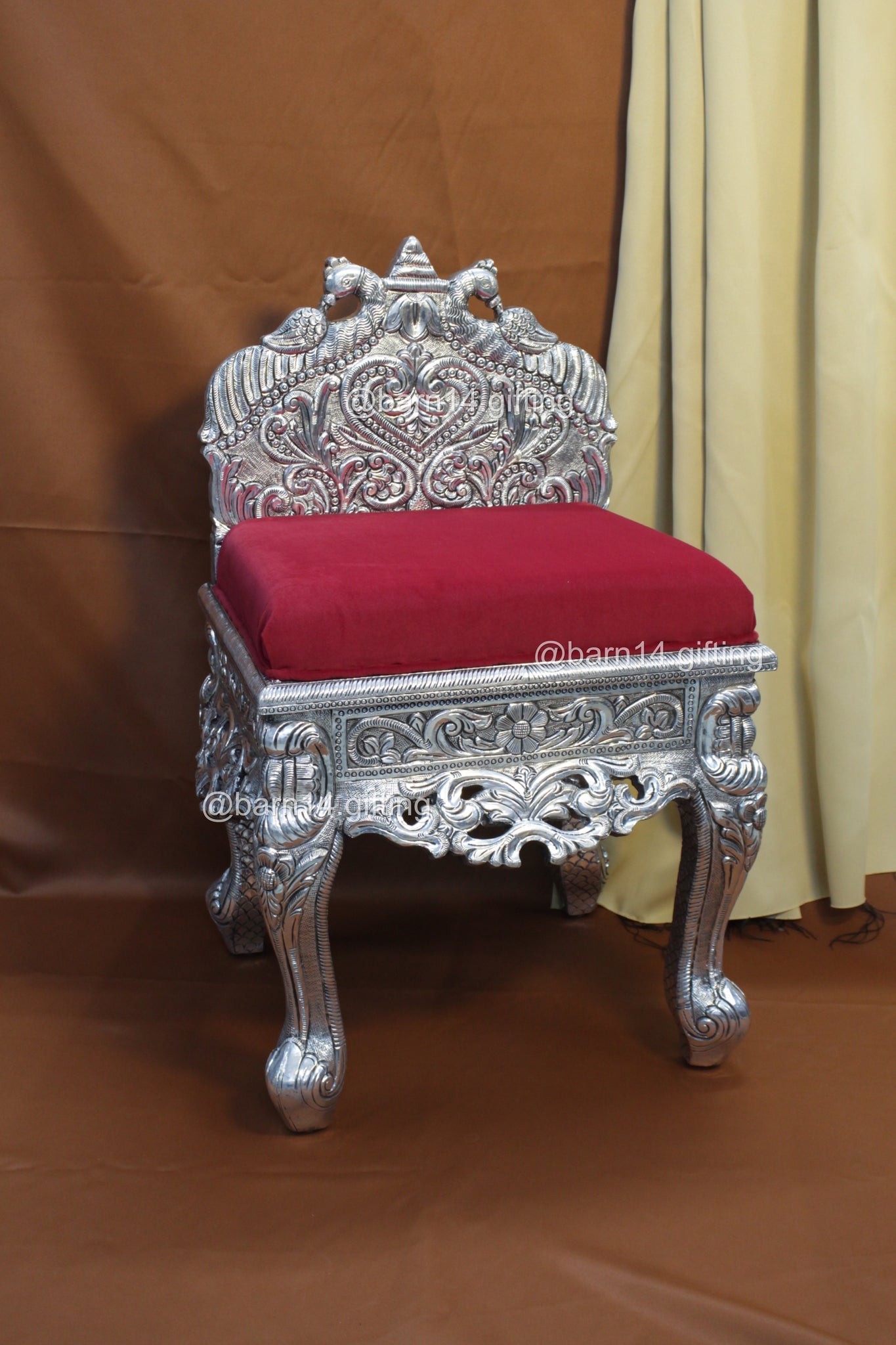 Elegant silver carved chair with intricate detailing and velvet seat, perfect for weddings, gatherings, and royal interiors.
