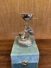 Small German Silver Elephant Samai oil lamp with intricate carvings, perfect for pooja décor, temple rituals, wedding and Diwali gifting.