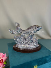 Pure Silver Fortune Fish showpiece on wooden base for prosperity.