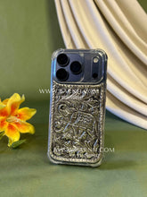 iPhone 17 Pro phone case in silver plated brass with traditional carvings