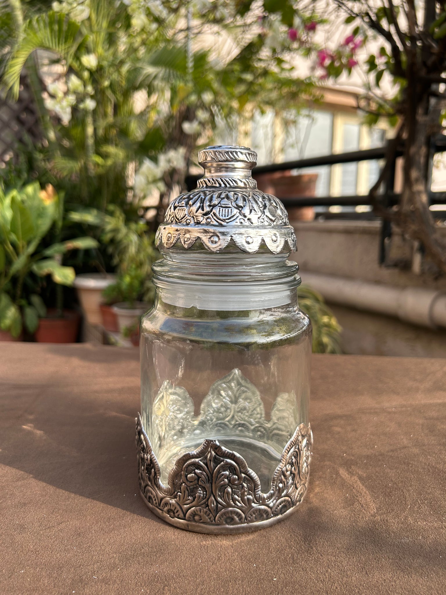 German Silver Tall Glass Jar