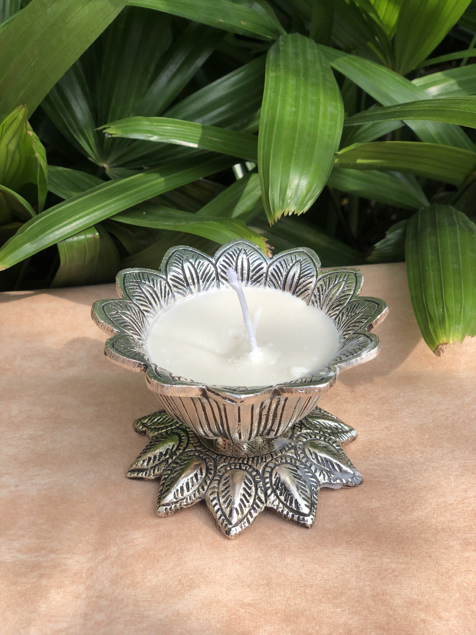 German Silver Lotus Candle